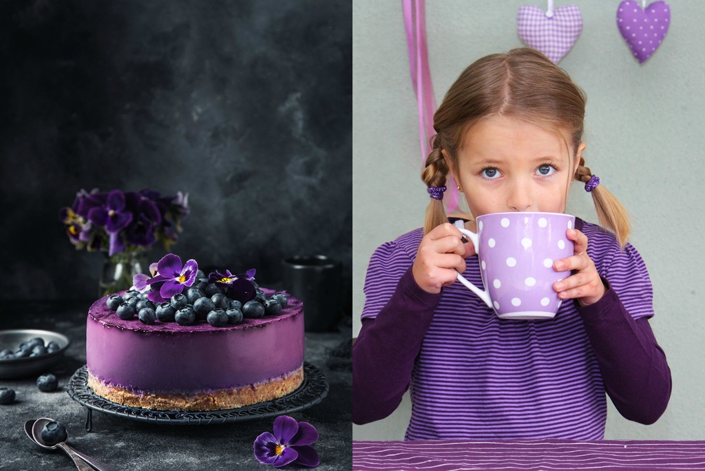 Collage photo avec gâteau violet et fillette avec tasse violette